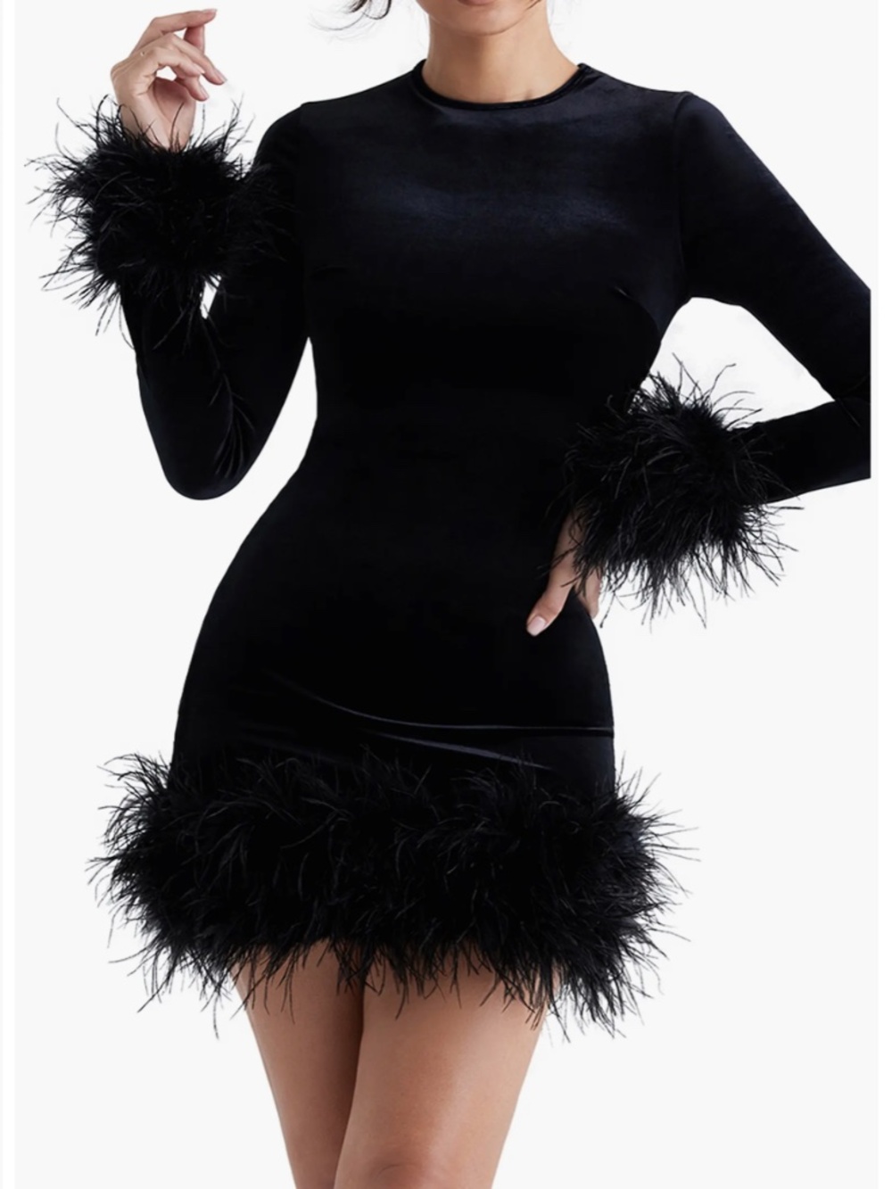 House of CB Lavinia Feather Trim Velvet Mini Dress Black L+ Holidays Party LBD